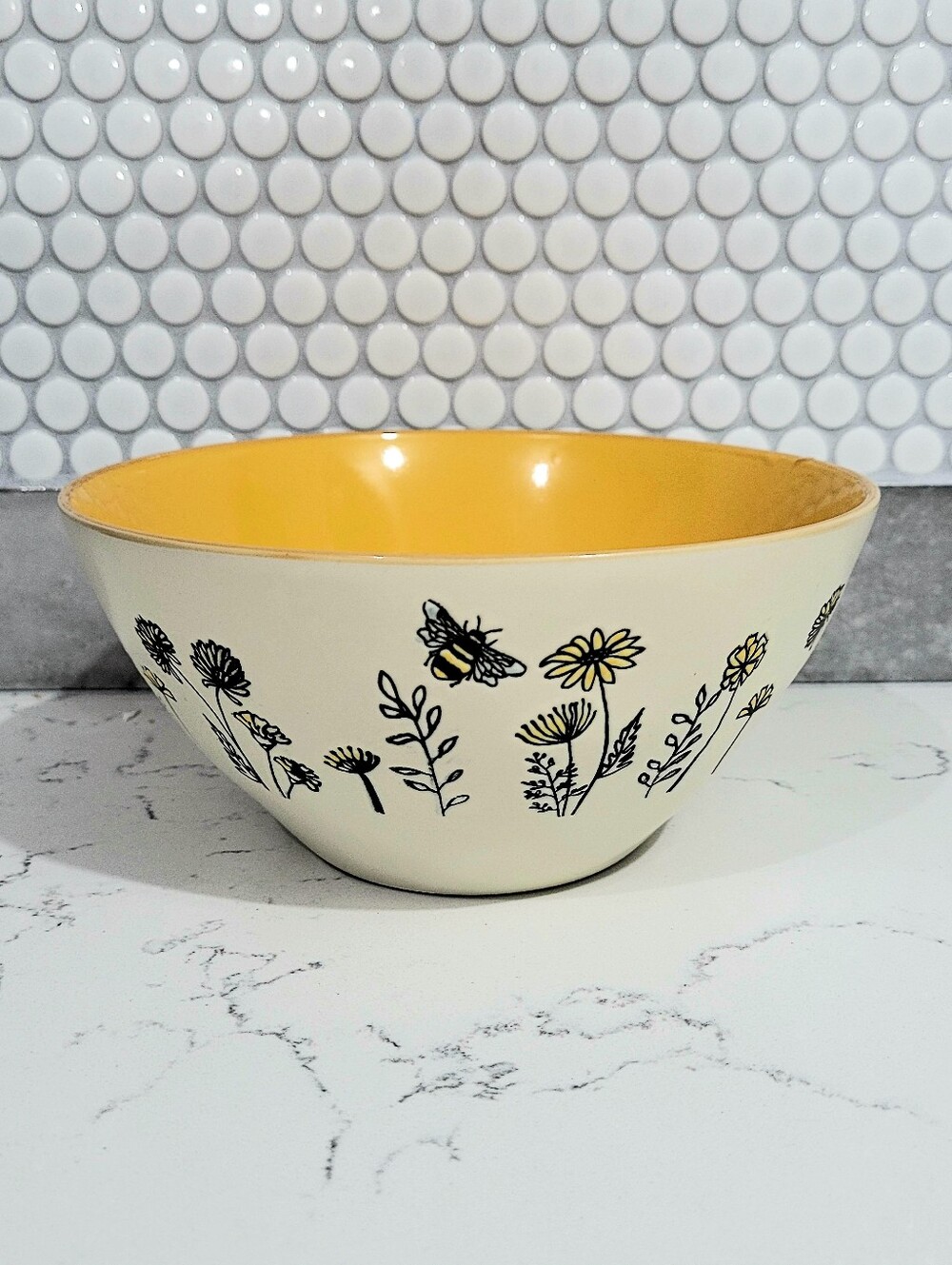 Eli + Ana Bumblebee Garden Yellow Interior Serving Bowl With Blue Winged Bees